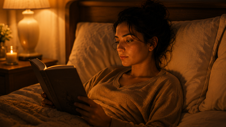 Mulher lendo livro em ambiente acolhedor e tranquilo