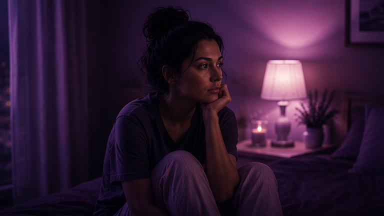 Mulher introspectiva, olhar distante, pensativa
