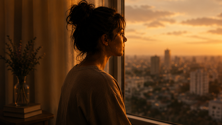 Mulher sozinha em momento de introspecção e reflexão