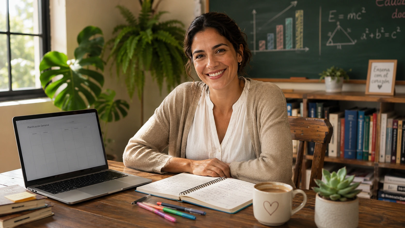Professora latina sorrindo, planejando suas aulas com laptop e caderno